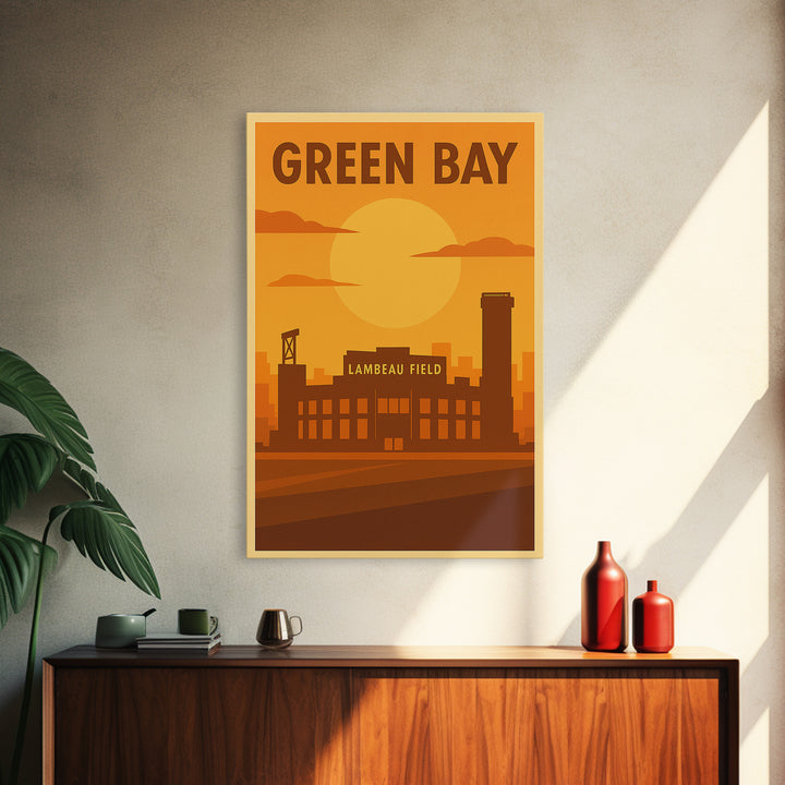 Green Bay Wisconsin Travel Poster, Framed Canvas Print, Vintage Deco Wall Art, Green Bay Wall Art, Gift For Travelers, City Illustration