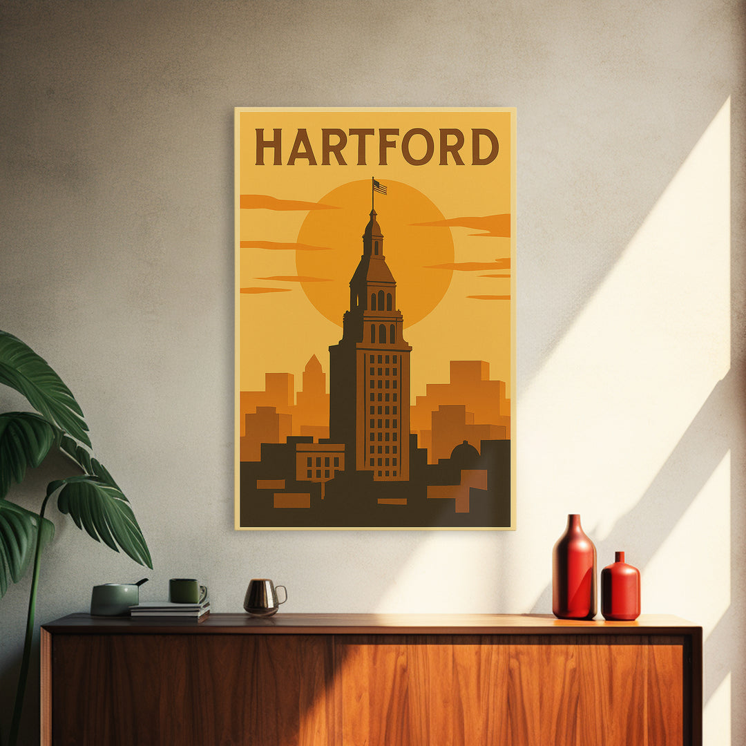 Hartford Connecticut Travel Poster, Canvas Print, Vintage Deco Wall Art, Hartford Travel Art, Poster Art, Skyline Art, Travel Poster Set