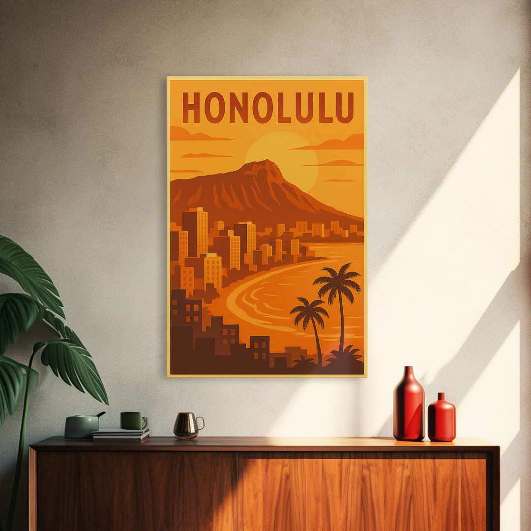 Honolulu Hawaii Travel Poster, Canvas Print, Gold Art Deco Poster Art, Honolulu Travel Art, Travel Poster Set, Travel Print, Art Print
