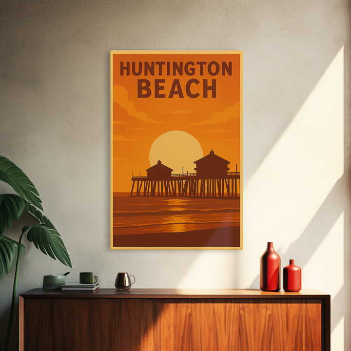 Huntington Beach California Travel Poster, Framed Canvas Print, Warm Sunset Silhouette Art, Huntington Beach Poster Print, City Illustration