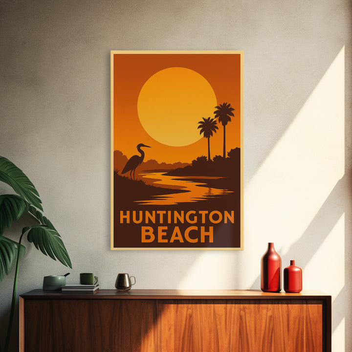 Huntington Beach Travel Poster, Framed Canvas Print, Golden Travel Poster Art, Huntington Beach Travel Art, Travel Poster Art, Design 2