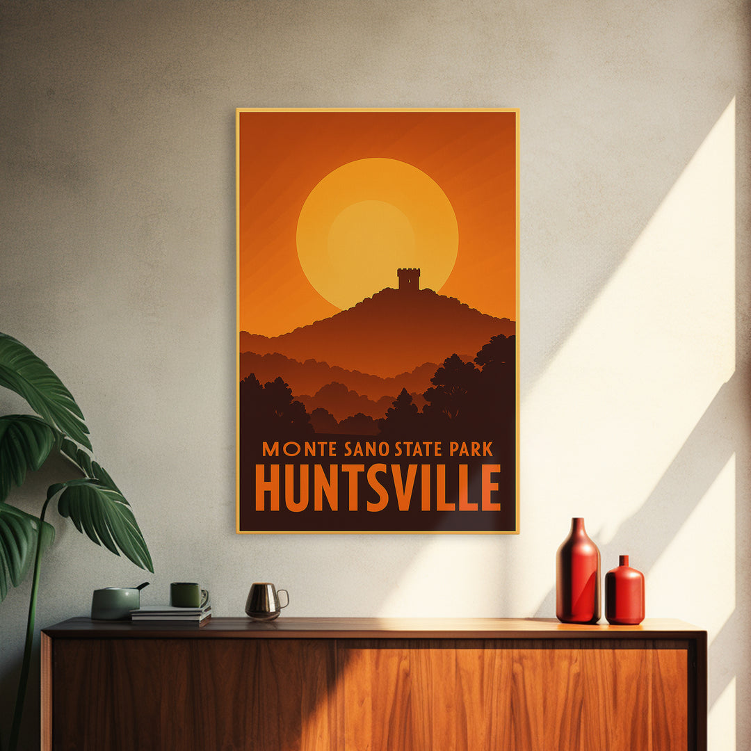 Huntsville Travel Poster, Framed Canvas Print, Warm Sunset Silhouette Art, Huntsville City Art, Vintage City Poster, Vintage City Art