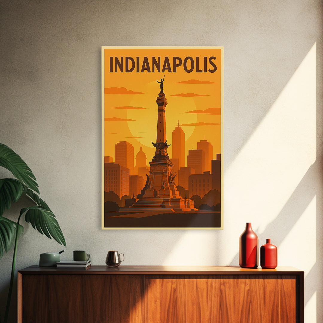 Indianapolis Indiana Travel Poster, Canvas Print, Warm Sunset Silhouette Art, Indianapolis Art Print, Retro Travel Print, Home Office Decor