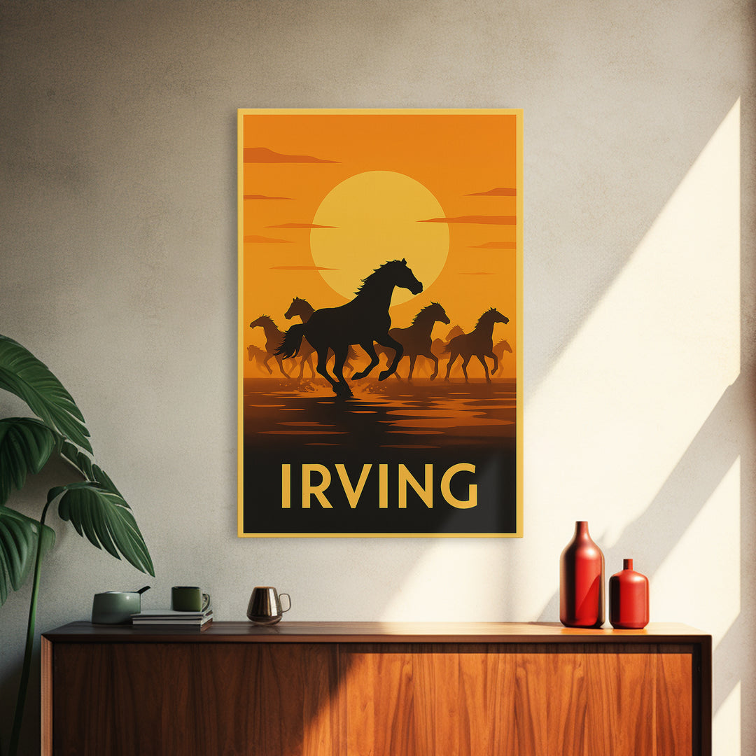 Irving Travel Poster, Framed Canvas Print, Warm Sunset Silhouette Art, Irving City Art, Living Room Wall Art, Wanderlust Decor