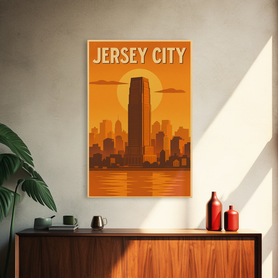 Jersey City New Jersey Travel Poster, Framed Canvas Print, Vintage Deco Wall Art, Jersey City Wall Art, Fine Art Print, Travel Wall Art