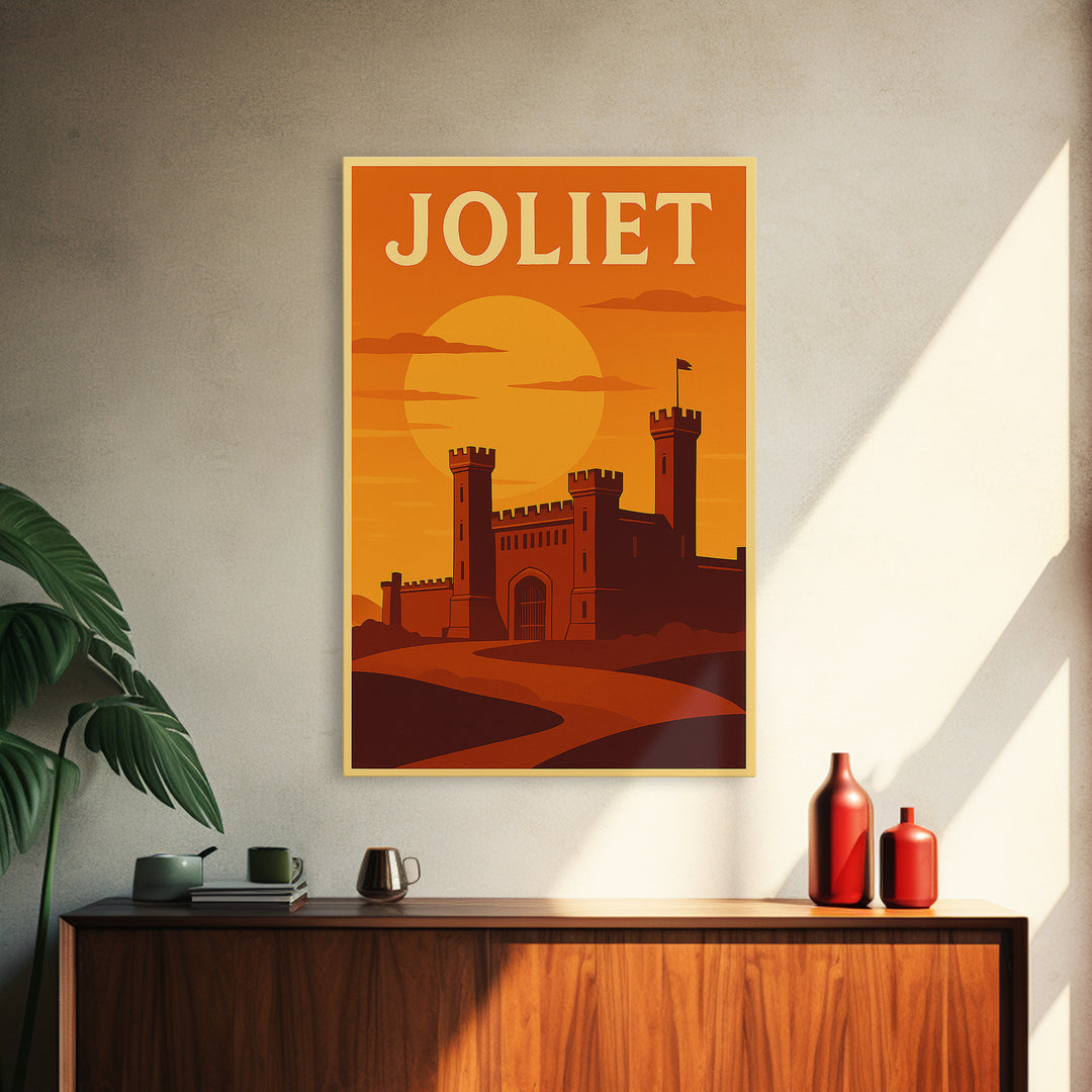 Joliet Illinois Travel Poster, Framed Canvas Print, Gold Art Deco Poster Art, Joliet Travel Art, Mid Century Wall Art, Retro Travel Print