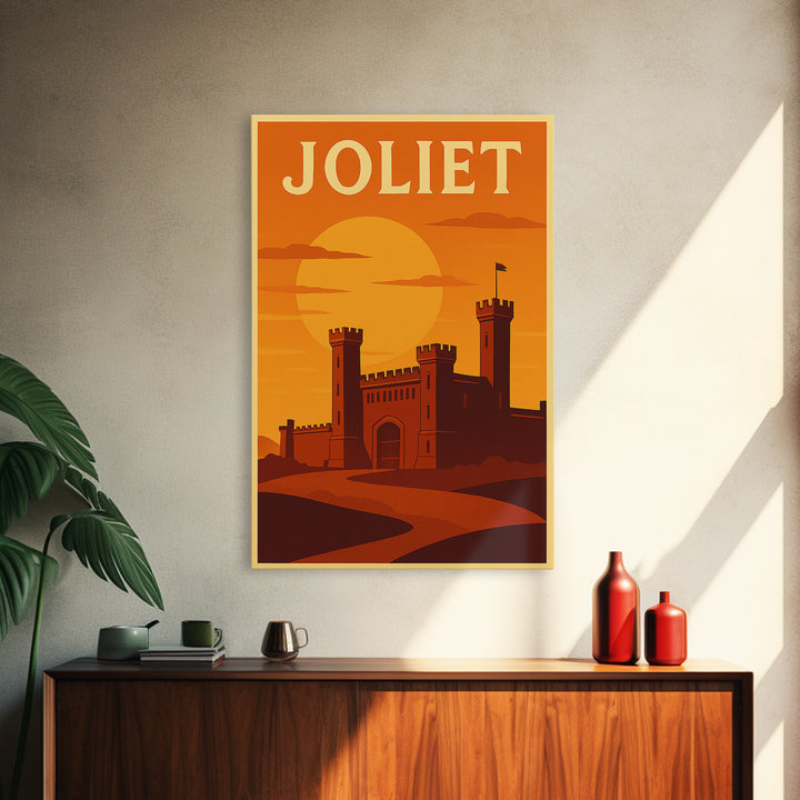 Joliet Illinois Travel Poster, Framed Canvas Print, Gold Art Deco Poster Art, Joliet Travel Art, Mid Century Wall Art, Retro Travel Print