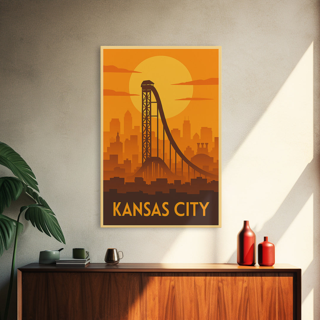 Kansas City Travel Poster, Framed Canvas Print, Gold Art Deco Poster Art, Kansas City Travel Art, Watercolor Urban Skyline, Travel Art Print