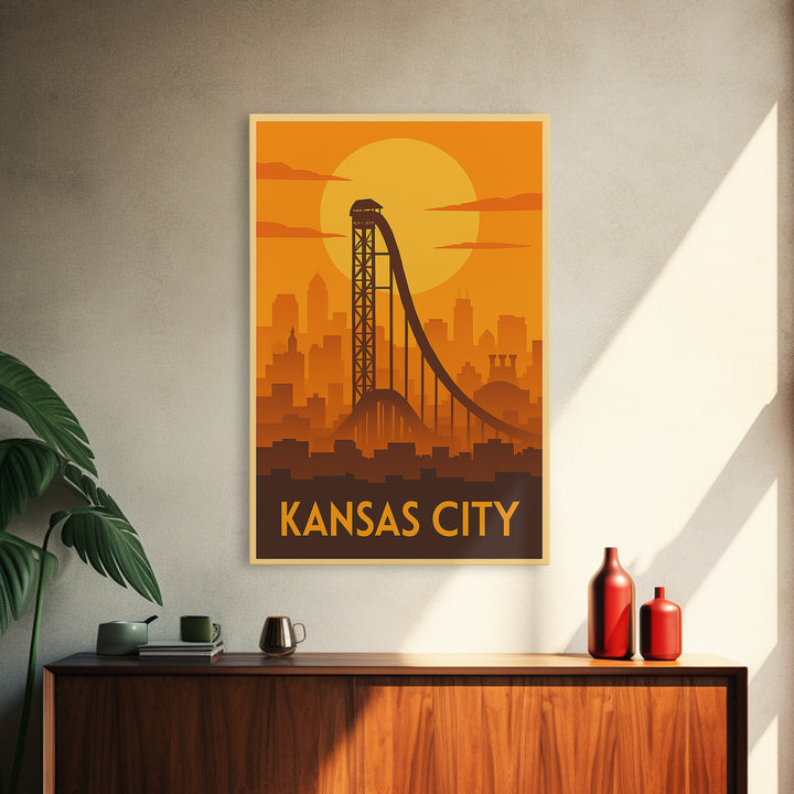 Kansas City Travel Poster, Framed Canvas Print, Gold Art Deco Poster Art, Kansas City Travel Art, Watercolor Urban Skyline, Travel Art Print