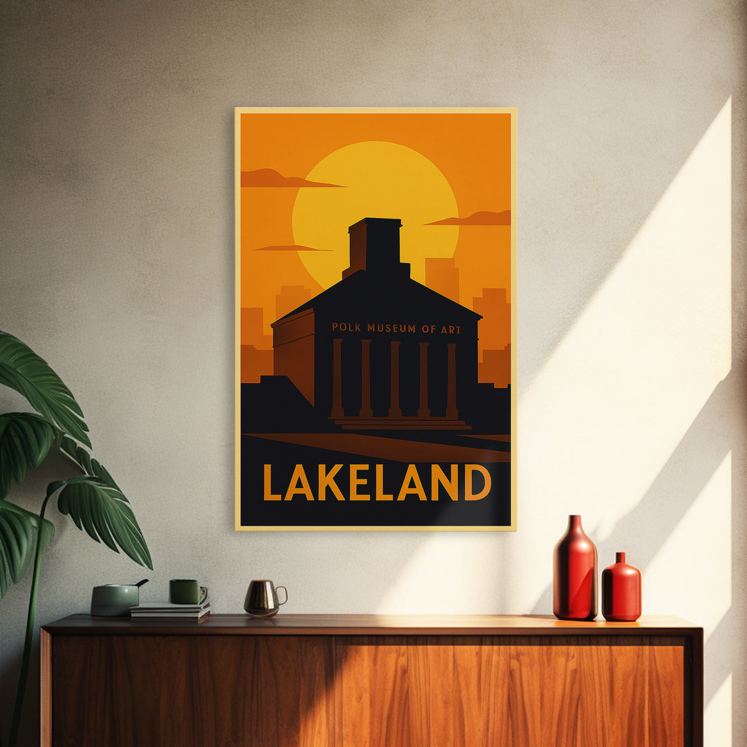 Lakeland Travel Poster, Canvas Print, Warm Sunset Silhouette Art, Lakeland Art Print, Living Room Wall Art, Mid Century Wall Art