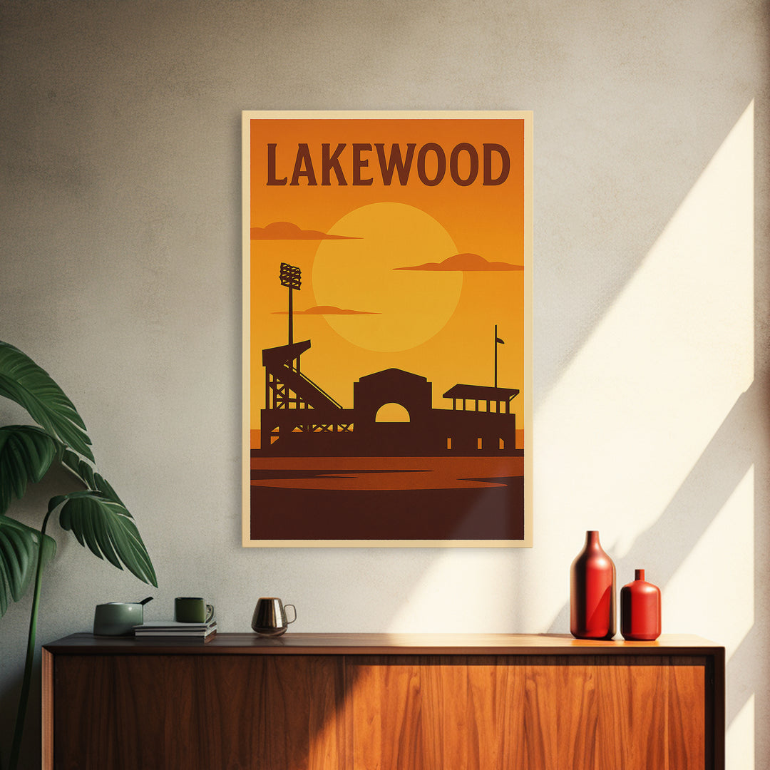 Lakewood Colorado Travel Poster, Framed Canvas Print, Warm Sunset Silhouette Art, Lakewood Travel Art, City Illustration, Retro Travel Print