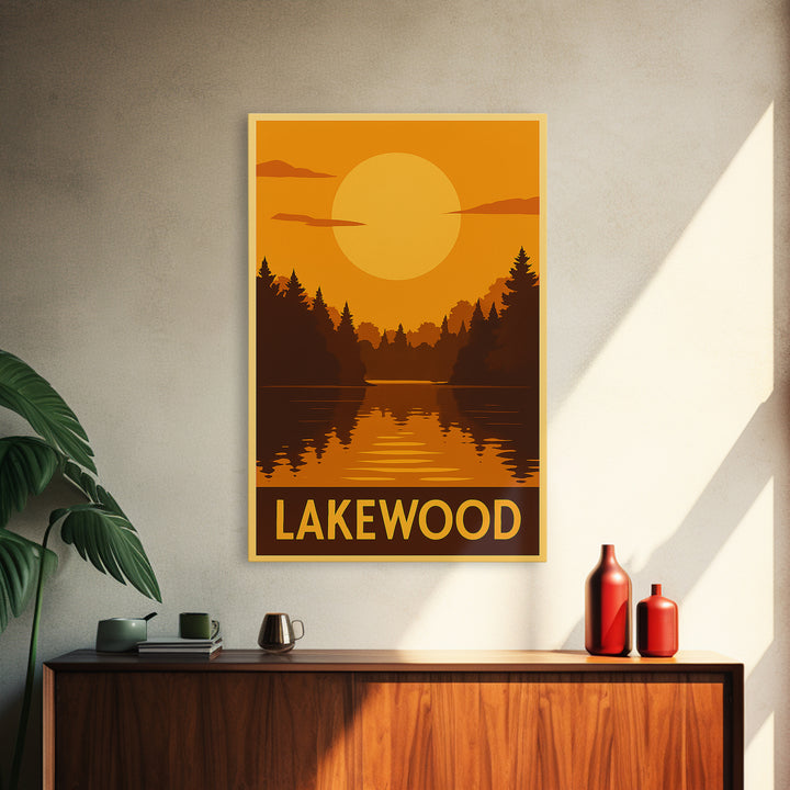 Lakewood Travel Poster, Framed Canvas Print, Golden Travel Poster Art, Lakewood City Art, Living Room Wall Art, City Illustration