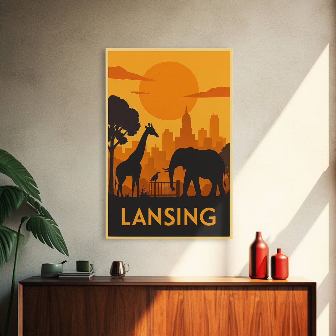 Lansing Travel Poster, Framed Canvas Print, Golden Travel Poster Art, Lansing City Art, Wanderlust Decor, Living Room Wall Art
