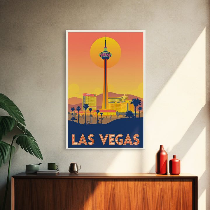 Las Vegas Travel Poster, Framed Canvas Print, Golden Travel Poster Art, Las Vegas City Art, Retro Travel Print, Gift For Travelers