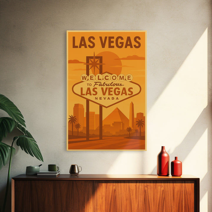 Las Vegas Travel Poster, Framed Canvas Print, Golden Travel Poster Art, Las Vegas Art Print, Modern Wall Decor, Mid Century Wall Art