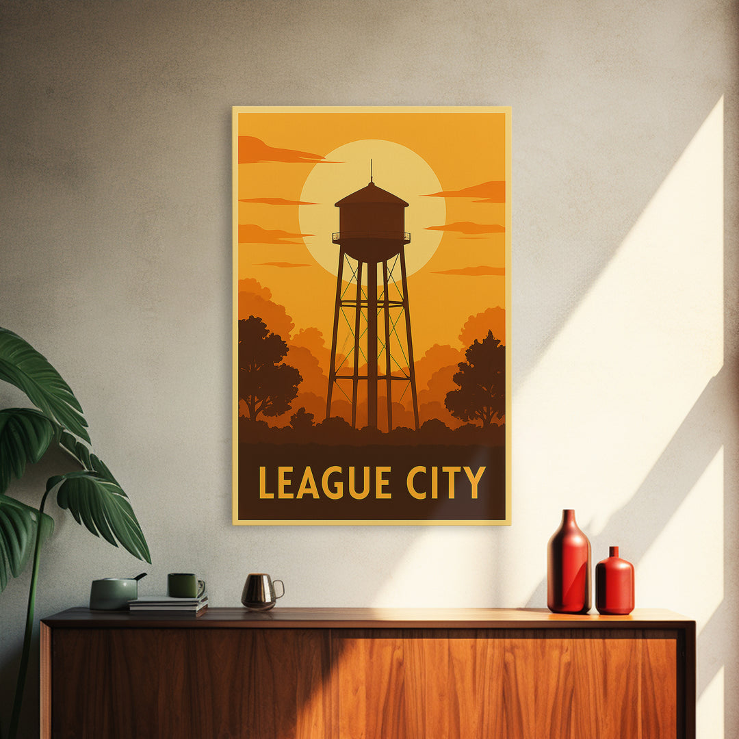 League City Travel Poster, Framed Canvas Print, Vintage Deco Wall Art, League City Travel Art, Vintage Travel Print, Vintage City Art