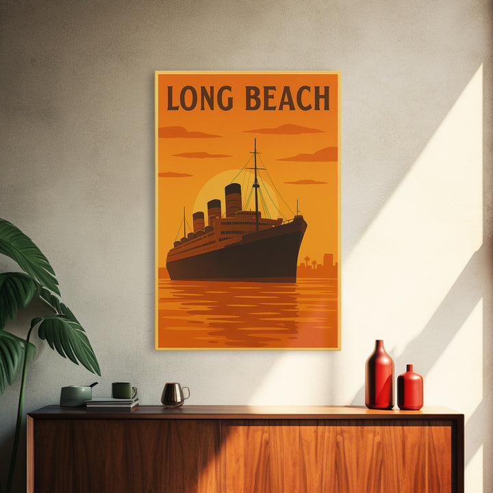 Long Beach California Travel Poster, Canvas Print, Warm Sunset Silhouette Art, Long Beach Poster Print, Travel Print, Travel Wall Art