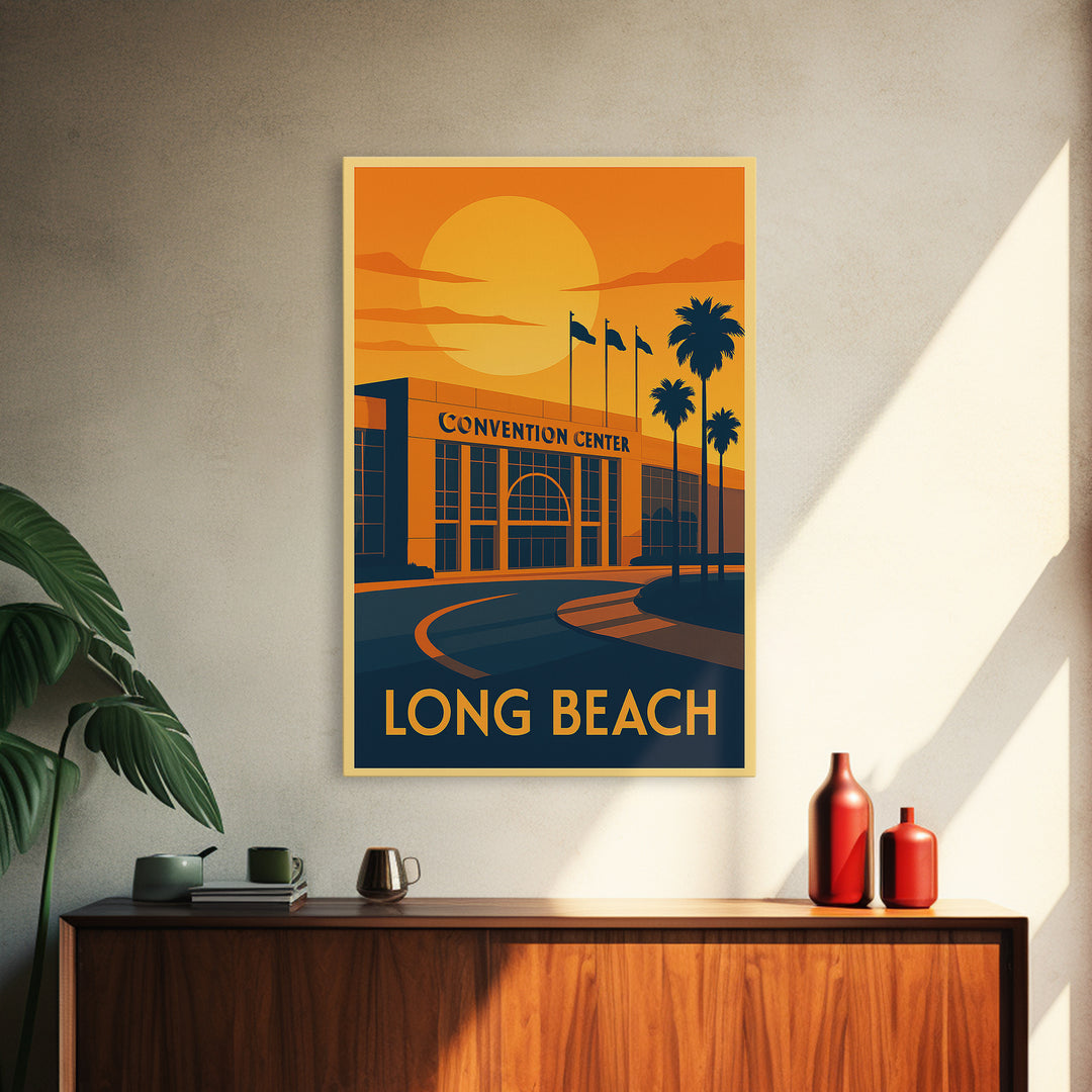 Long Beach Travel Poster, Canvas Print, Warm Sunset Silhouette Art, Long Beach Travel Art, Living Room Wall Art, Gift For Travelers