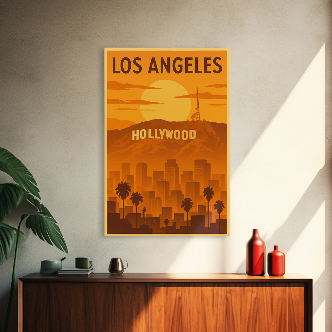 Los Angeles California Travel Poster, Canvas Print, Warm Sunset Silhouette Art, Los Angeles Art Print, City Travel Prints, Wanderlust Decor