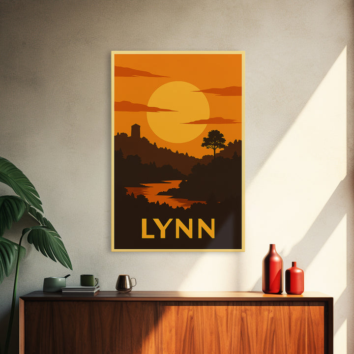 Lynn Travel Poster, Framed Canvas Print, Gold Art Deco Poster Art, Lynn City Art, Watercolor Skyline Art, City Travel Prints, Poster Print