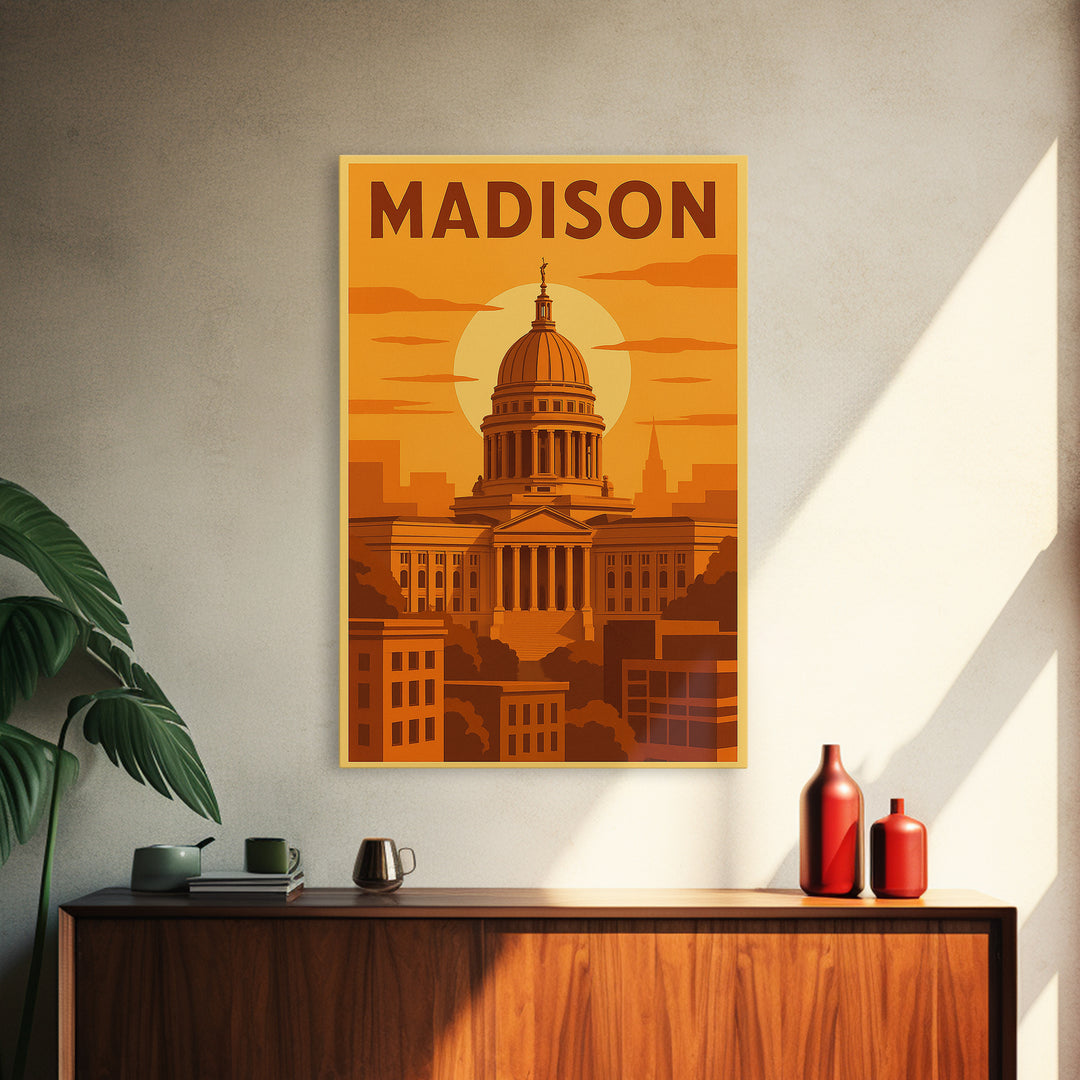 Madison Wisconsin Travel Poster, Framed Canvas Print, Gold Art Deco Poster Art, Madison Travel Art, Modern Wall Decor, City Illustration