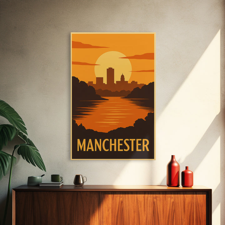 Manchester Travel Poster, Framed Canvas Print, Gold Art Deco Poster Art, Manchester City Art, Travel Poster Art, Watercolor Skyline