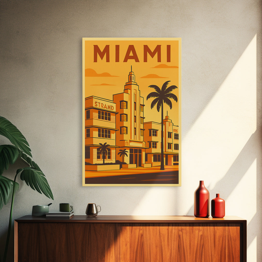 Miami Florida Travel Poster, Framed Canvas Print, Gold Art Deco Poster Art, Miami Travel Art, Home Office Decor, Living Room Wall Art