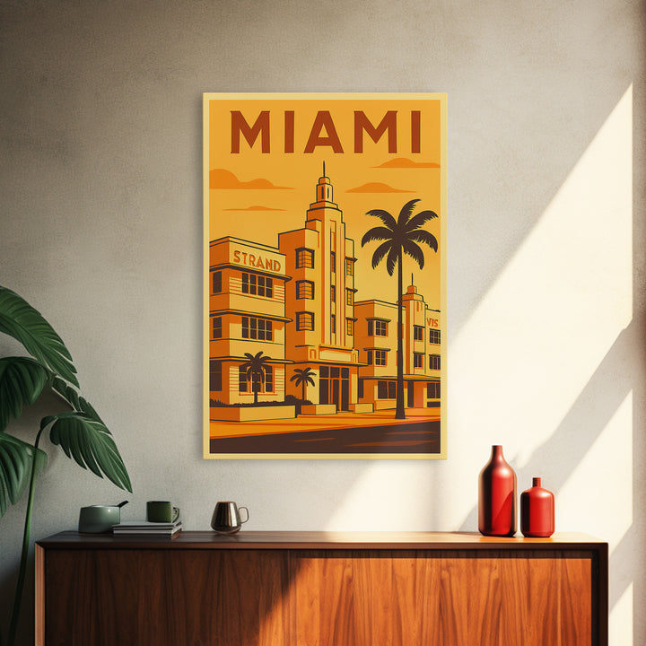 Miami Florida Travel Poster, Framed Canvas Print, Gold Art Deco Poster Art, Miami Travel Art, Home Office Decor, Living Room Wall Art