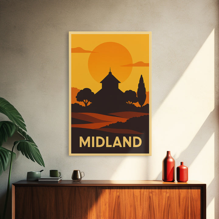 Midland Travel Poster, Framed Canvas Print, Warm Sunset Silhouette Art, Midland Wall Art, Travel Wall Decor, Travel Wall Art, Poster Art