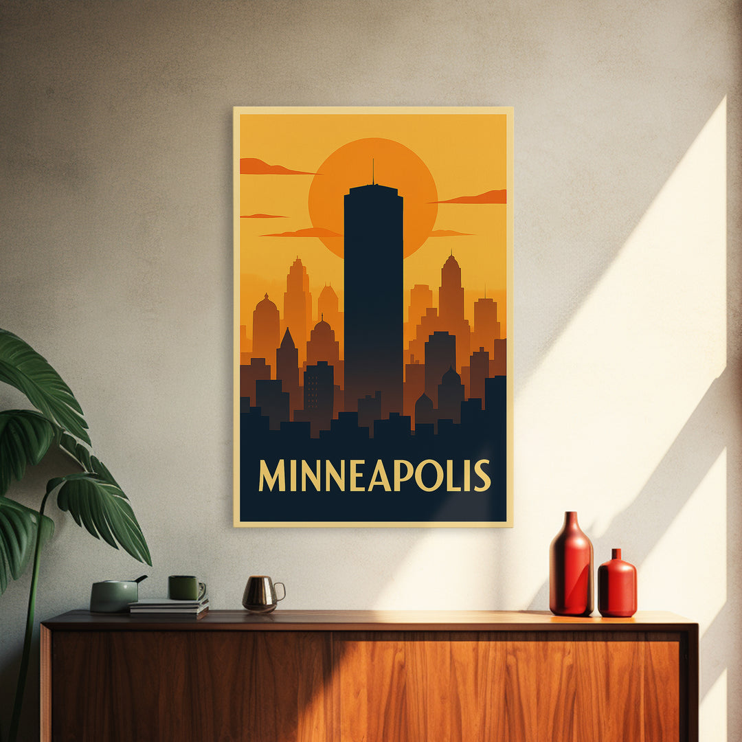 Minneapolis Travel Poster, Framed Canvas Print, Warm Sunset Silhouette Art, Minneapolis Art Print, Eclectic Wall Decor, City Travel Prints