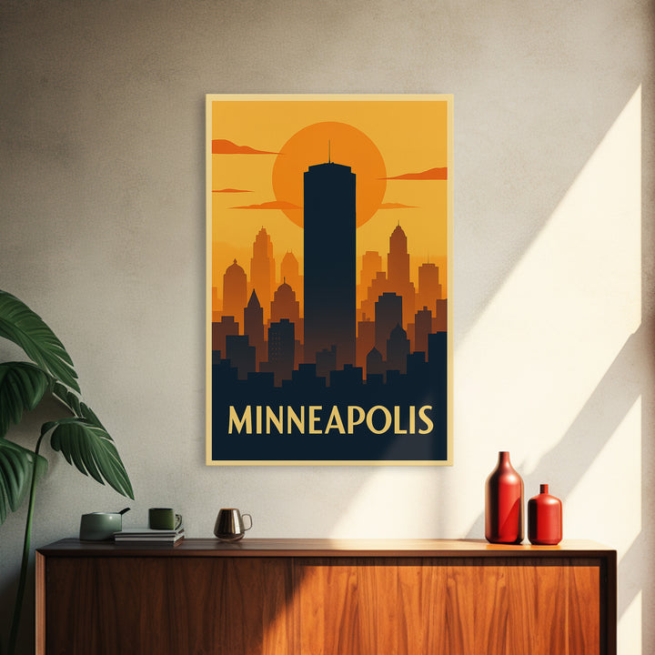 Minneapolis Travel Poster, Framed Canvas Print, Warm Sunset Silhouette Art, Minneapolis Art Print, Eclectic Wall Decor, City Travel Prints