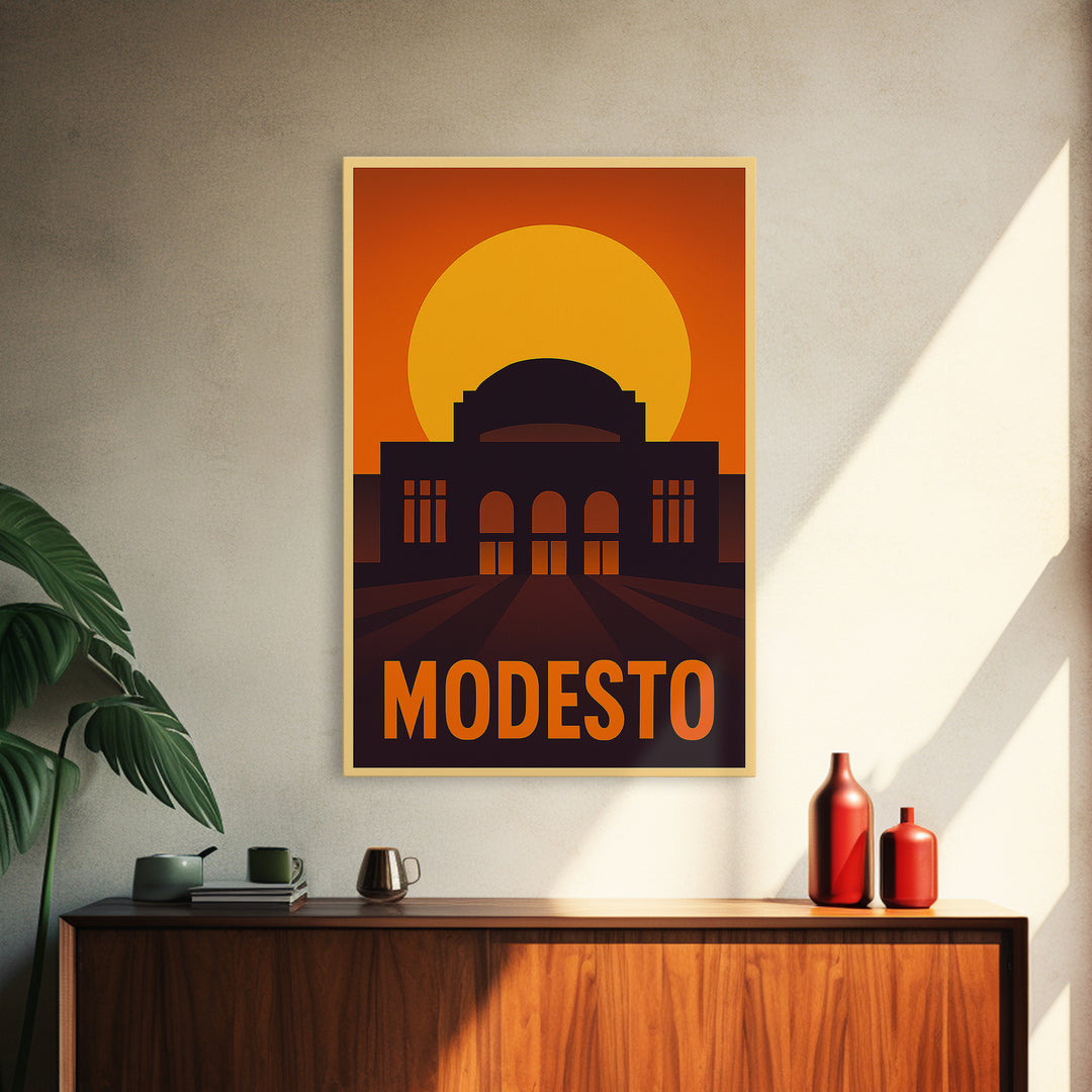 Modesto Travel Poster, Canvas Print, Vintage Deco Wall Art, Modesto City Art, Living Room Wall Art, Gift For Travelers, Vintage Travel Art