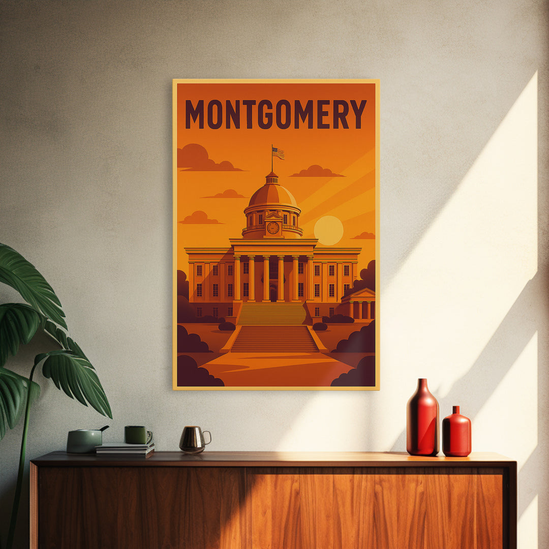 Montgomery Alabama Travel Poster, Canvas Print, Golden Travel Poster Art, Montgomery Travel Art, City Travel Prints, Travel Wall Decor