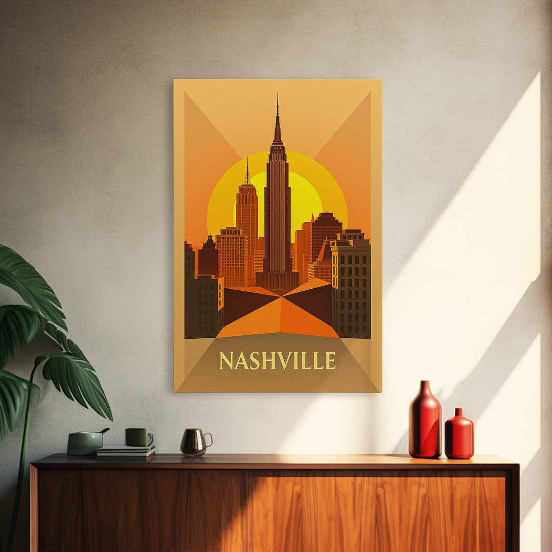 Nashville Tennessee Travel Poster, Framed Canvas Print, Gold Art Deco Poster Art, Nashville City Art, City Art Print, Living Room Wall Art
