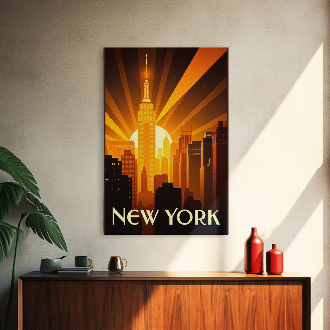 New York Travel Poster, Framed Canvas Print, Golden Travel Poster Art, New York Wall Art, Vintage Travel Art, Vintage City Poster