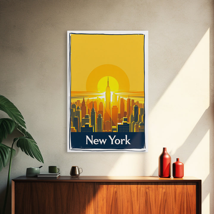 New York Travel Poster, Framed Canvas Print, Golden Travel Poster Art, New York Art Print, City Travel Prints, Watercolor Skyline