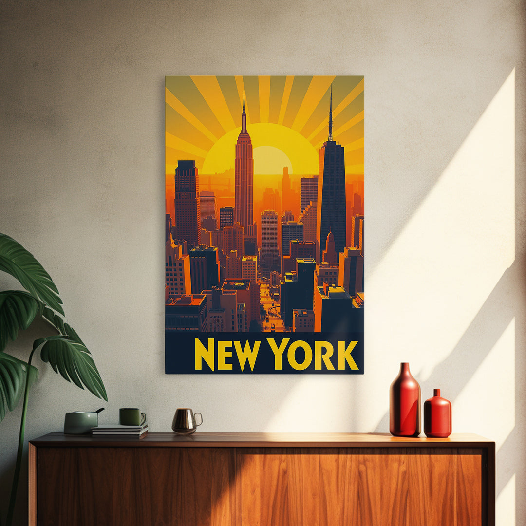 New York Travel Poster, Canvas Print, Golden Travel Poster Art, New York Art Print, Retro Travel Print, Wanderlust Decor, Travel Poster Set