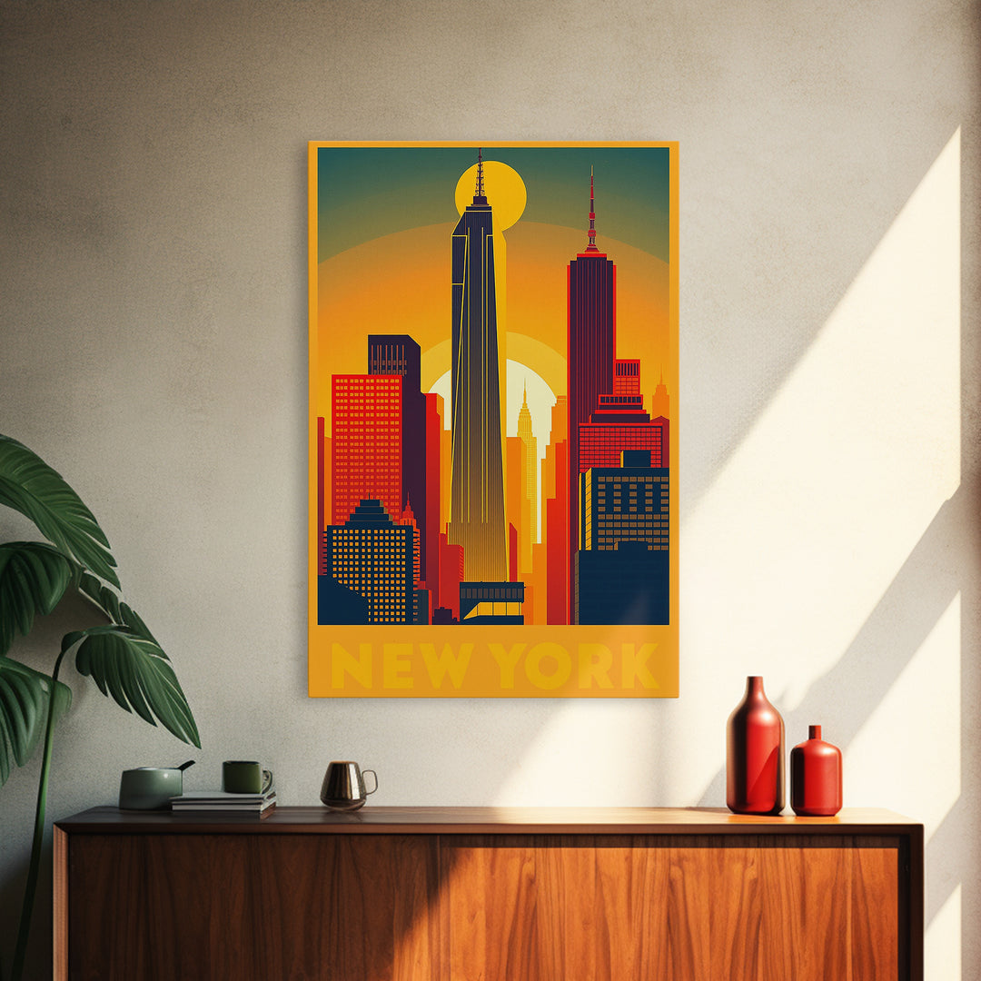 New York Travel Poster, Framed Canvas Print, Golden Travel Poster Art, New York Art Print, Vintage City Art, City Illustration