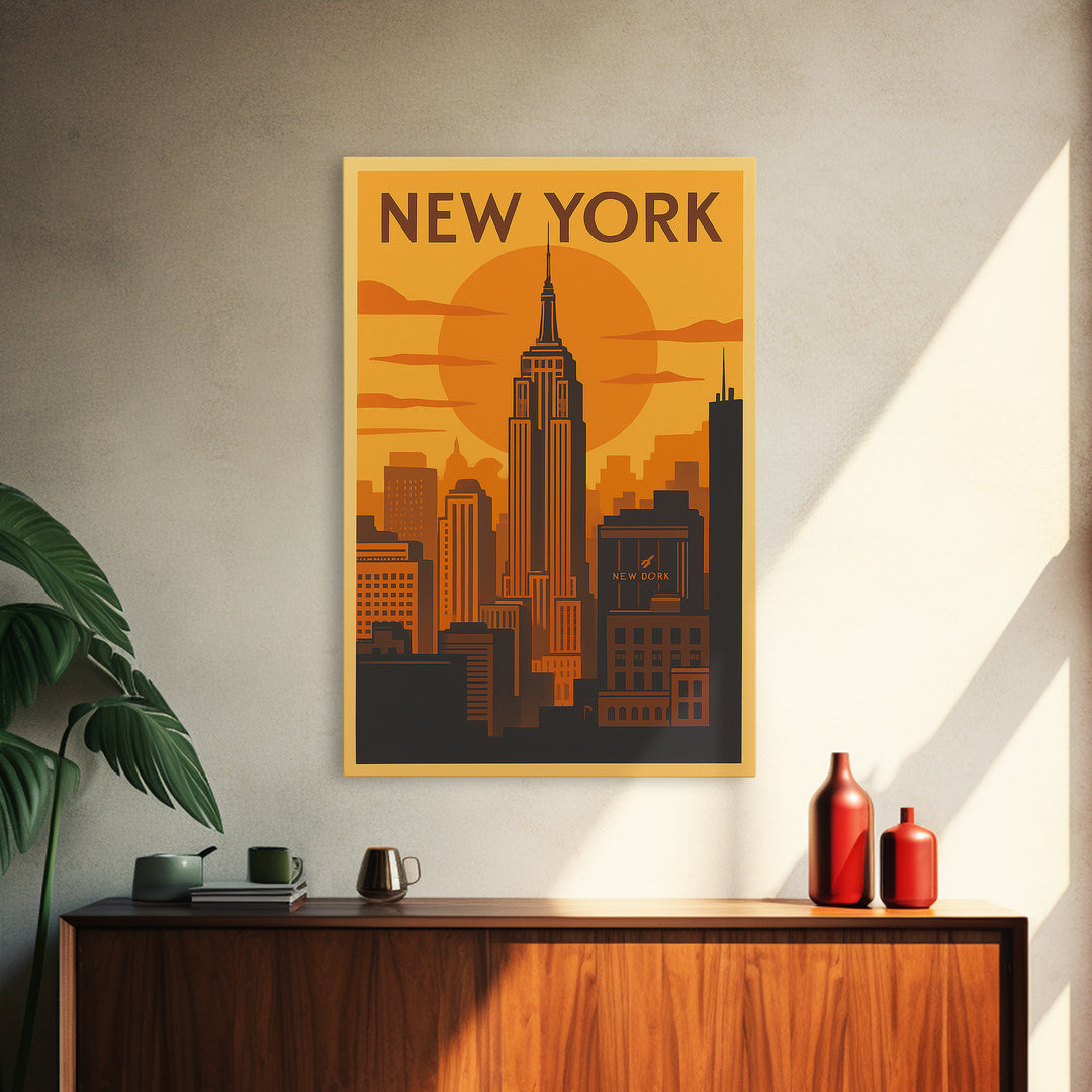 New York Travel Poster, Canvas Print, Warm Sunset Silhouette Art, New York Travel Art, Mid Century Wall Art, Modern Wall Decor