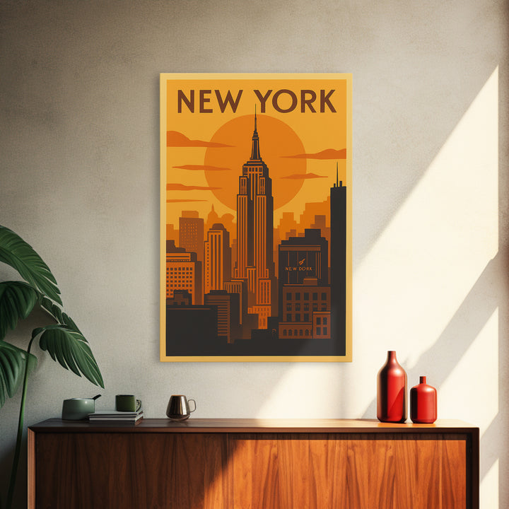 New York Travel Poster, Canvas Print, Warm Sunset Silhouette Art, New York Travel Art, Mid Century Wall Art, Modern Wall Decor