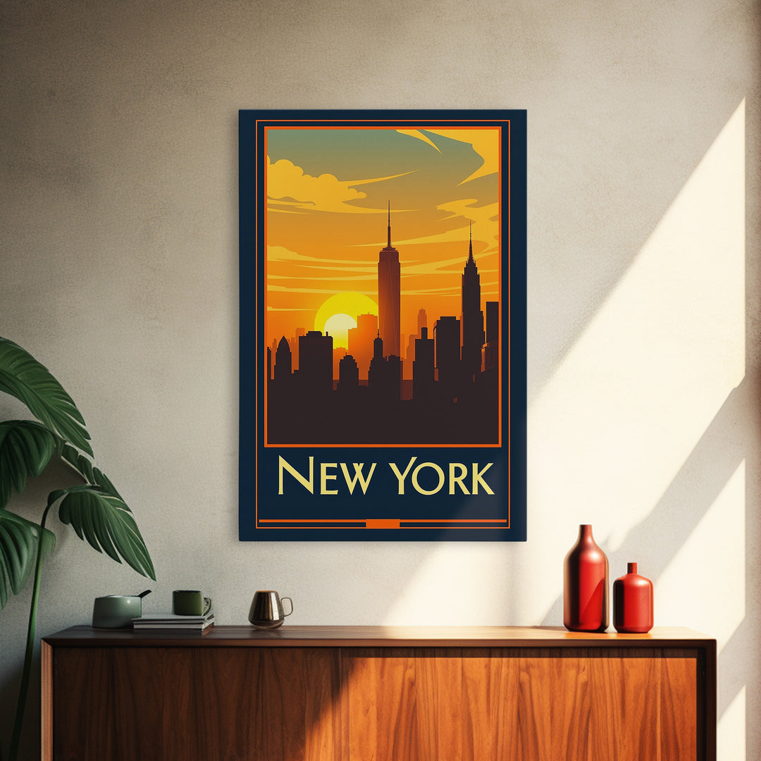 New York Travel Poster, Canvas Print, Warm Sunset Silhouette Art, New York Travel Art, Vintage Travel Art, Mid Century Wall Art
