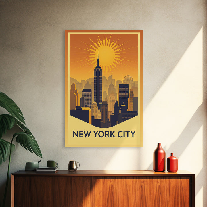 New York Travel Poster, Framed Canvas Print, Warm Sunset Silhouette Art, New York City Art, Travel Poster Set, Mid Century Wall Art