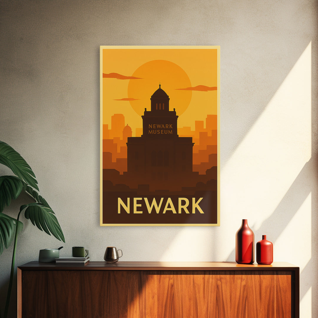 Newark Travel Poster, Framed Canvas Print, Warm Sunset Silhouette Art, Newark City Art, Home Office Decor, Gift For Travelers, Design 2