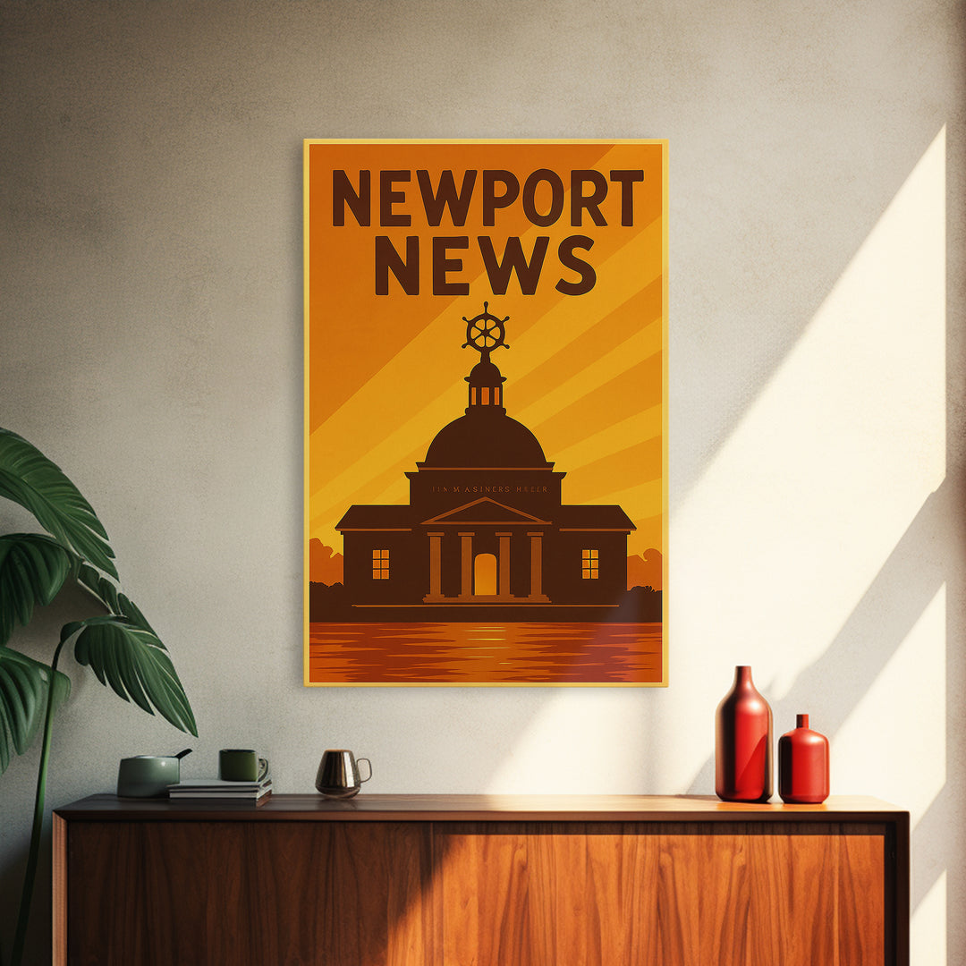 Newport News Virginia Travel Poster, Canvas Print, Warm Sunset Silhouette Art, Newport News Art Print, Vintage City Art, Retro Travel Print