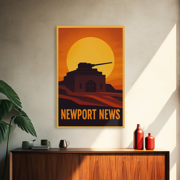 Newport News Travel Poster, Framed Canvas Print, Warm Sunset Silhouette Art, Newport News City Art, Travel Wall Decor, City Illustration