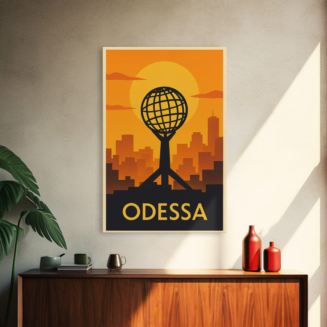 Odessa Travel Poster, Framed Canvas Print, Warm Sunset Silhouette Art, Odessa Poster Print, City Travel Prints, Retro Travel Print