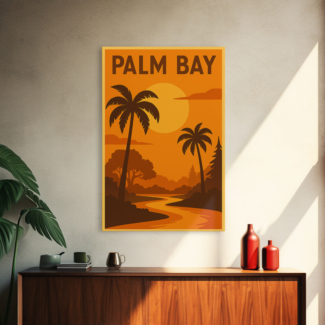 Palm Bay Florida Travel Poster, Framed Canvas Print, Golden Travel Poster Art, Palm Bay Art Print, Vintage City Art, Travel Poster Art
