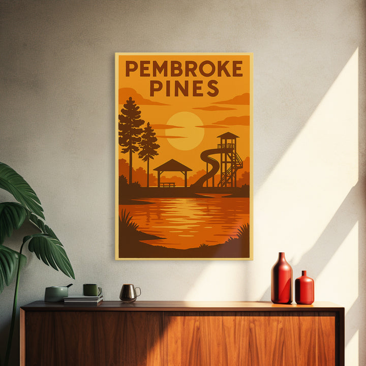 Pembroke Pines Florida Travel Poster, Canvas Print, Warm Sunset Silhouette Art, Pembroke Pines Wall Art, Retro Travel Print, City Poster