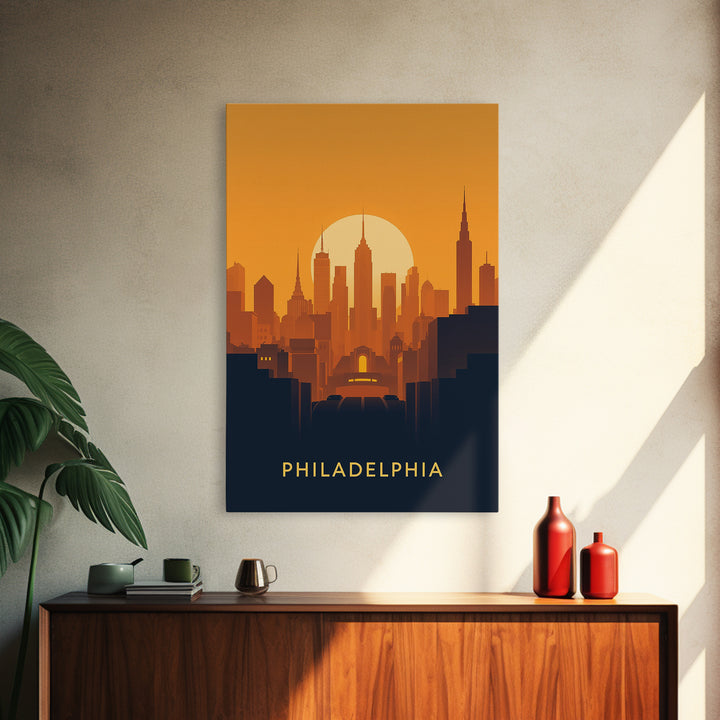 Philadelphia Travel Poster, Framed Canvas Print, Warm Sunset Silhouette Art, Philadelphia Travel Art, Modern Wall Decor, Travel Wall Art