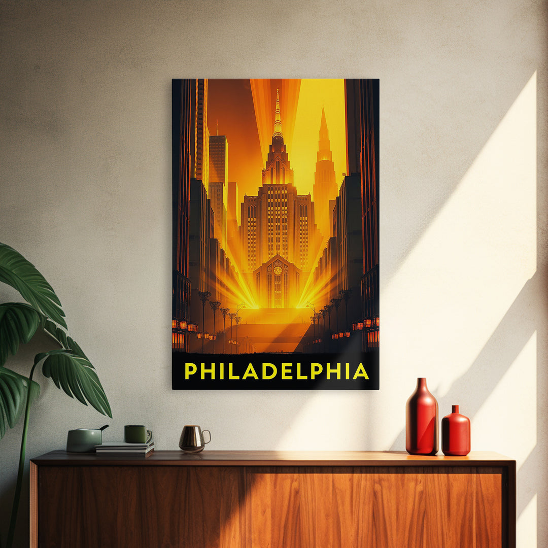 Philadelphia Travel Poster, Framed Canvas Print, Gold Art Deco Poster Art, Philadelphia City Art, Travel Art Print, Vintage City Poster